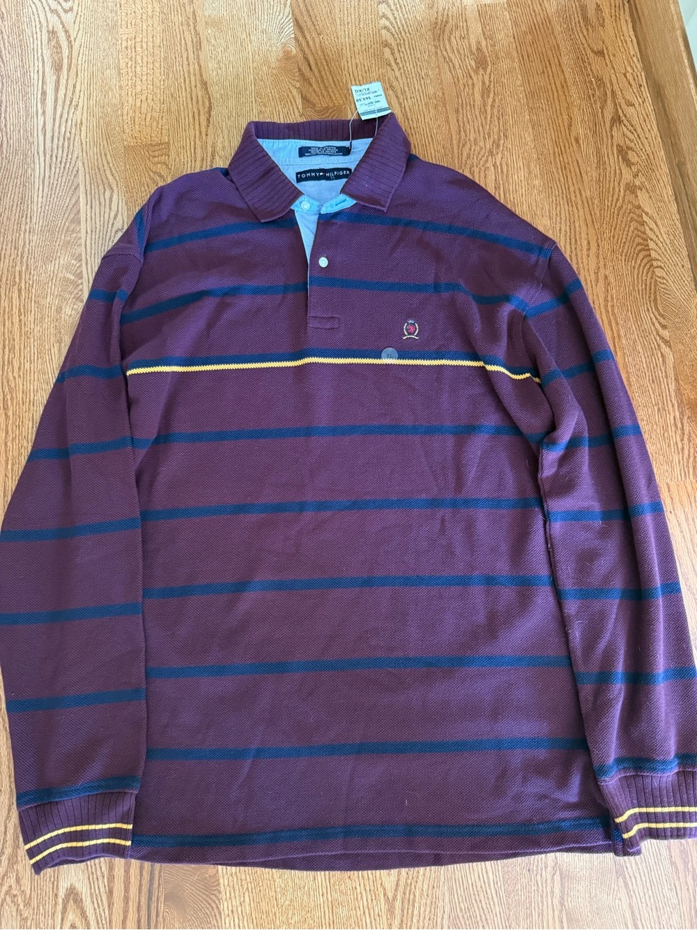 NWT Vintage 90s Tommy Hilfiger Rugby Polo XL Burgundy Crest Logo